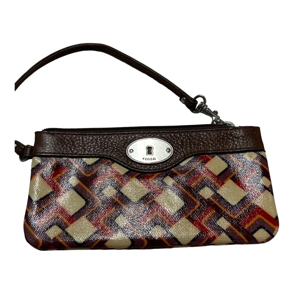 Fossil Wristlet Wallet Key Per Brown Coated‎ Canvas Geometrical Retro Print 70s
